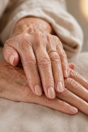 Nude cream nails on aged hands