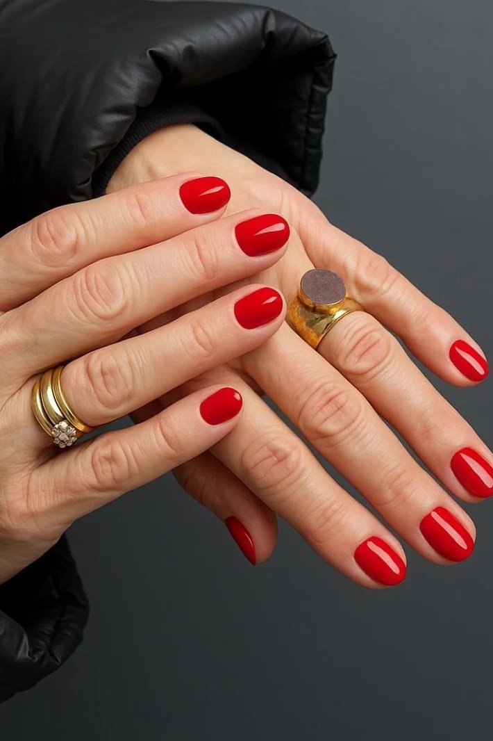 True red manicure on stacked hands with gold rings for women over 60