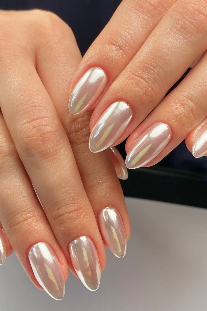 Pearl Chrome Almond Nails - manicure idea for women over 40