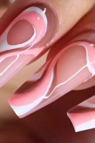 Pink and White Swirl Coffin Nails - manicure idea for women over 40