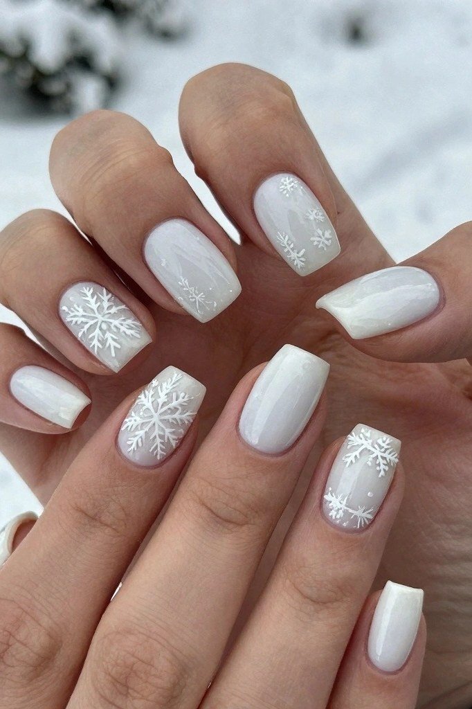 Glossy white almond nails with delicate snowflake art, winter nail design for women over 60