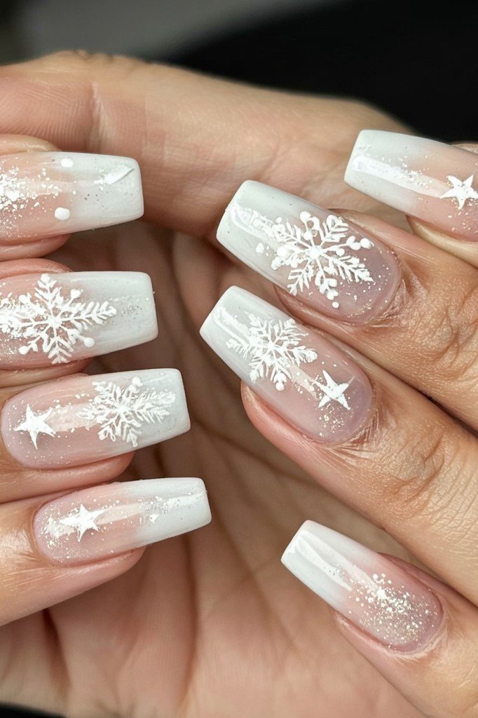 Sheer nude nails with white snowflake and star nail art for older women