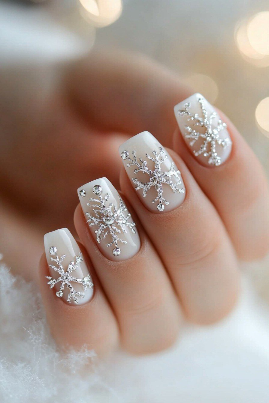 Silver glitter nails with white snowflake nail art, festive winter design