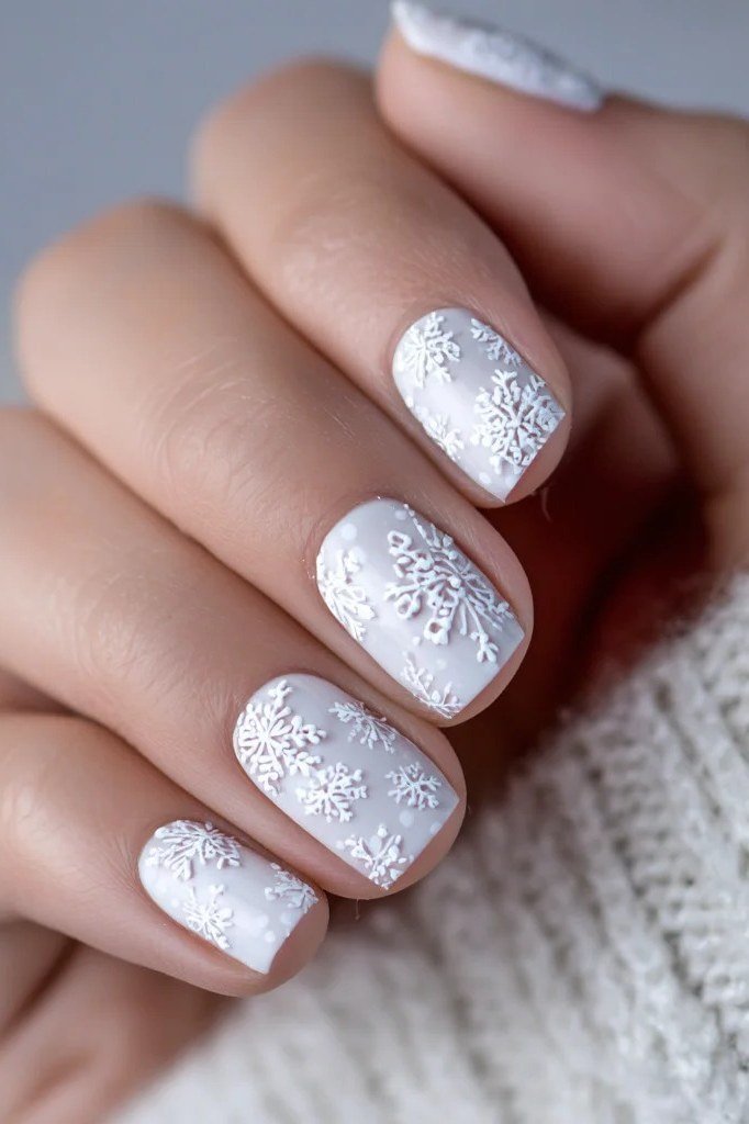 White nails with silver snowflake art, frosty winter manicure