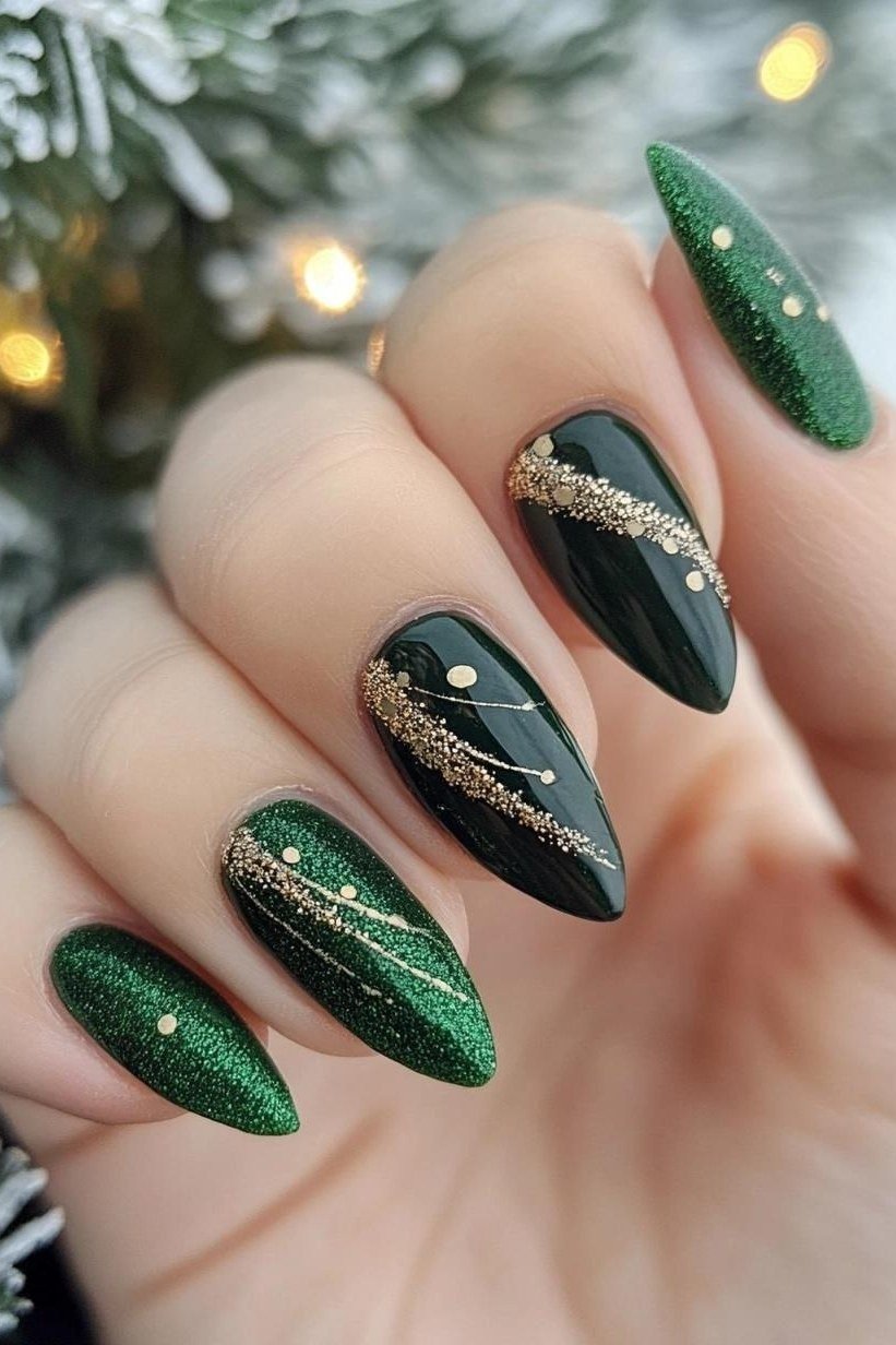 Dark green almond nails with gold geometric line art