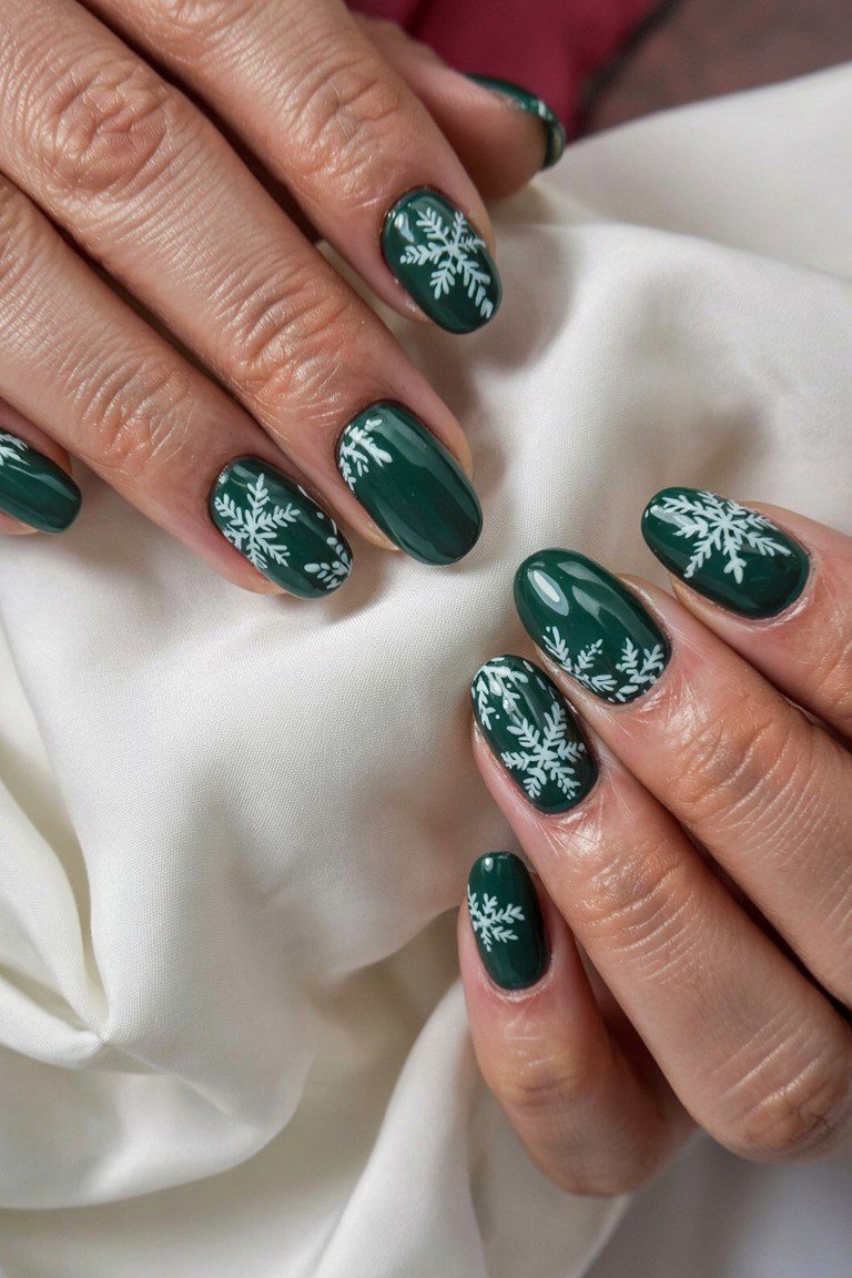 Short green nails with white snowflake nail art for mature women