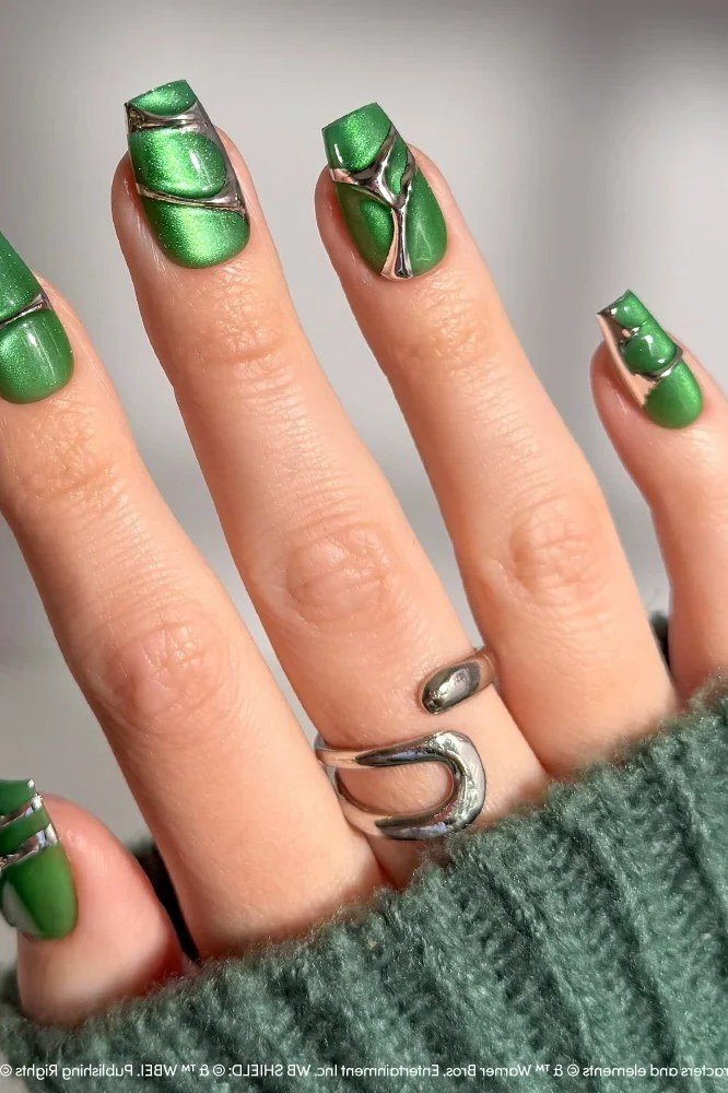 Green chrome nails with gold geometric line art, art deco winter nails