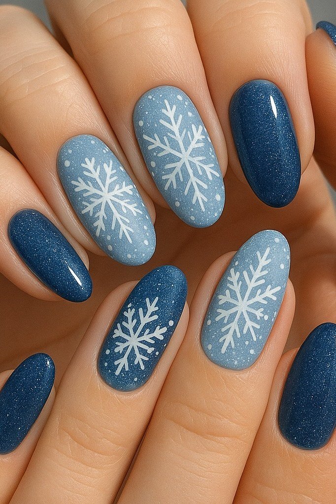Cornflower blue almond nails with large white snowflakes