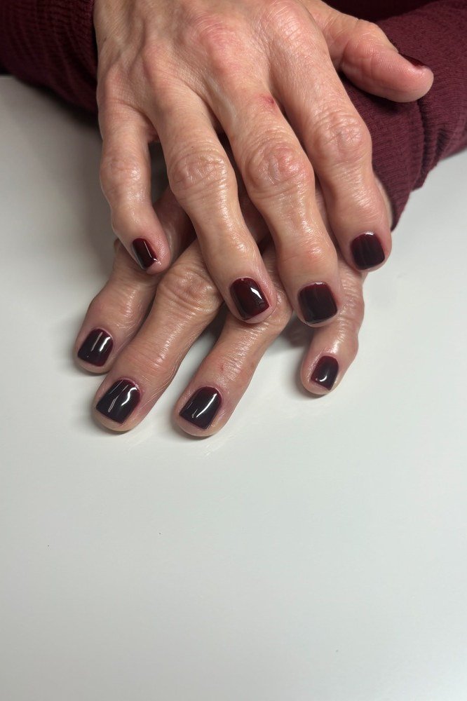 Wine red short nails, elegant winter nail color for women over 60