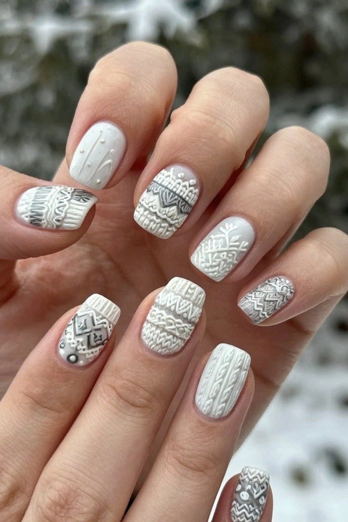White nails with silver fair isle sweater pattern nail art