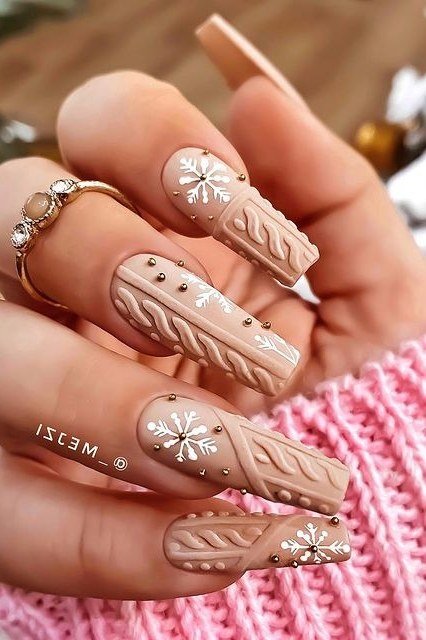 Taupe nails with raised cable knit sweater texture