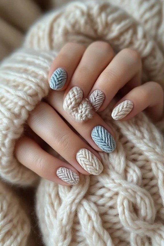 White and pale blue nails with miniature sweater patterns