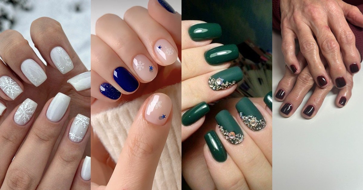 Winter nail art collage: snowflake, red, green and glitter manicures for women over 60, featured image