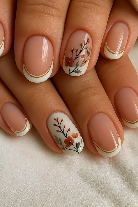 Gold French Tips with Autumn Floral Art on short oval nails for women over 60