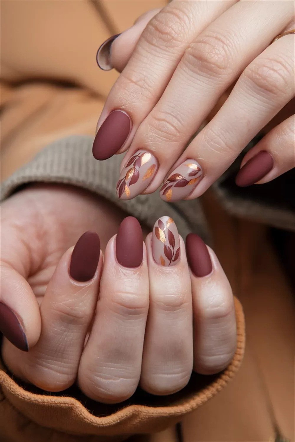 Muted Mauve with White Marble on short oval nails for women over 60