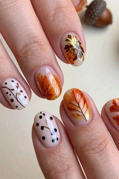 Hand-Painted Autumn Leaves on short oval nails for women over 60