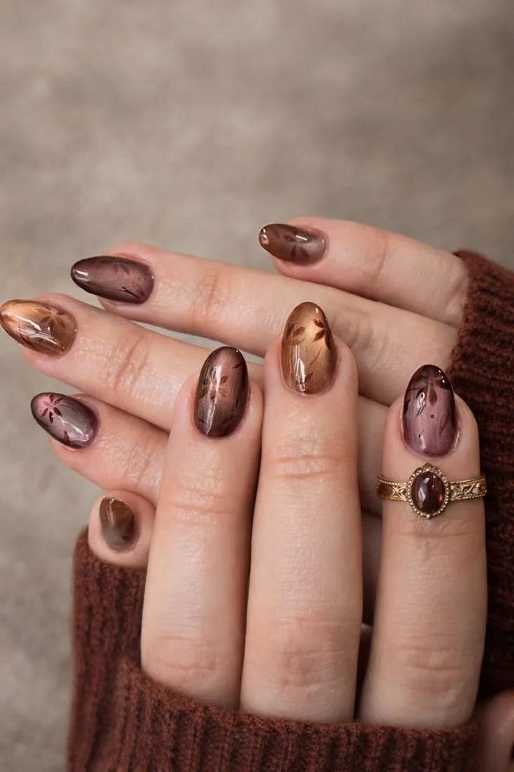 Chocolate Brown with Gold Shimmer on short oval nails for women over 60