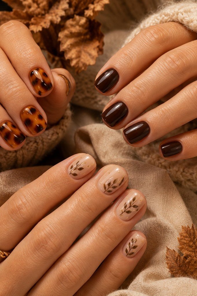 Chocolate, Tortoiseshell and Gold Leaf Sprigs on short oval nails for women over 60