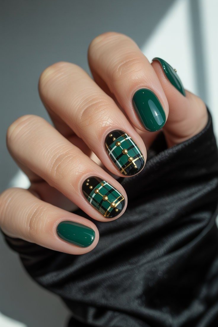 Emerald Green with Plaid Accent on short oval nails for women over 60