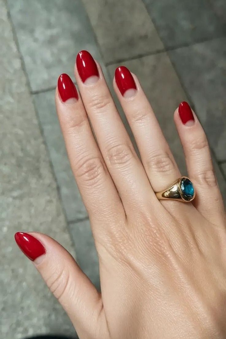 Timeless Glossy Red on short oval nails for women over 60
