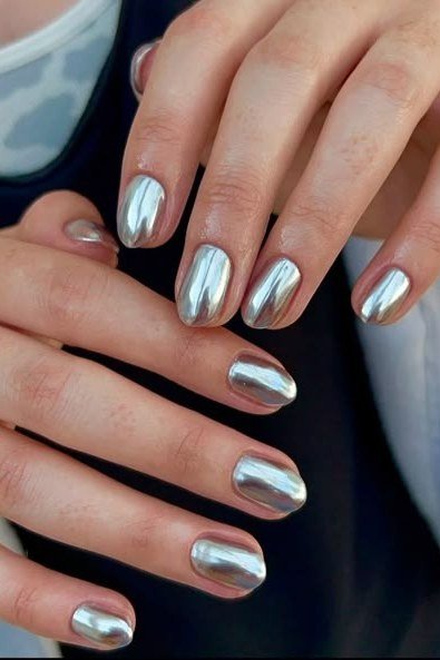 Mirror Silver Chrome on short oval nails for women over 60