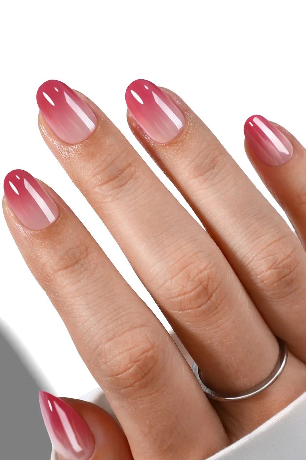 Red-to-Nude Ombre on short oval nails for women over 60