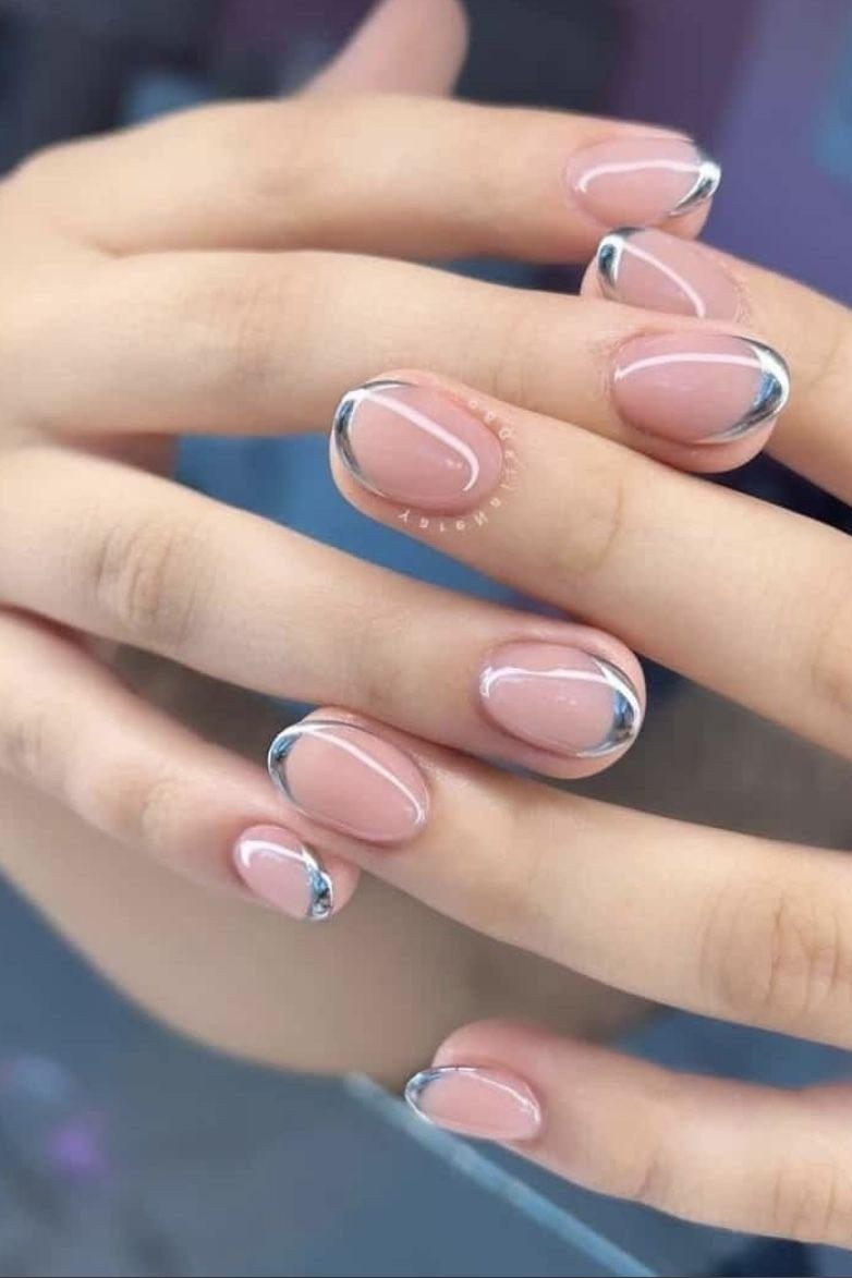 Nude Pink with Chrome French Outline on short oval nails for women over 60