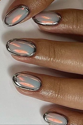 Peach Cat-Eye with Silver Chrome Outline on short oval nails for women over 60