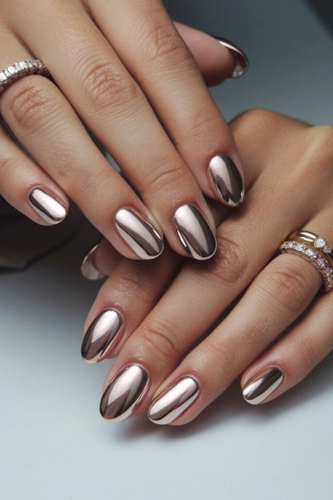 Rose-Gold Chrome on short oval nails for women over 60