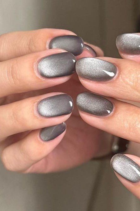 Smoky Gray Cat-Eye on short oval nails for women over 60