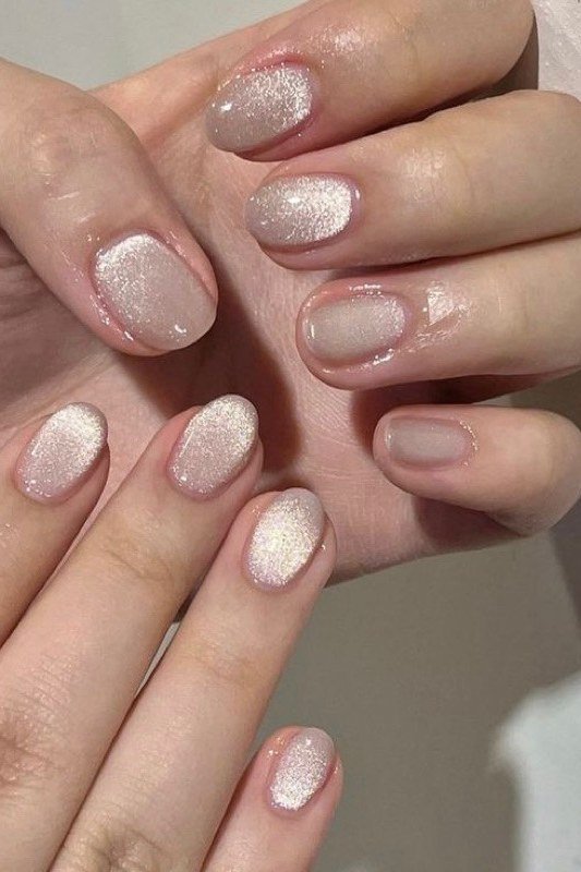 Champagne Glitter on short oval nails for women over 60
