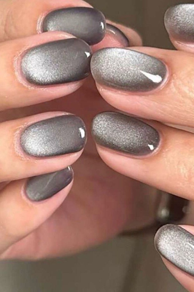 Gunmetal Gray Cat-Eye on short oval nails for women over 60