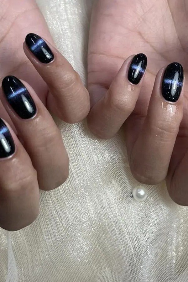 Midnight Black with Blue Magnetic Band on short oval nails for women over 60