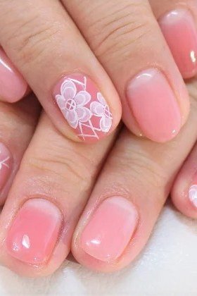Pink with Cherry Blossom Art on short oval nails for women over 60
