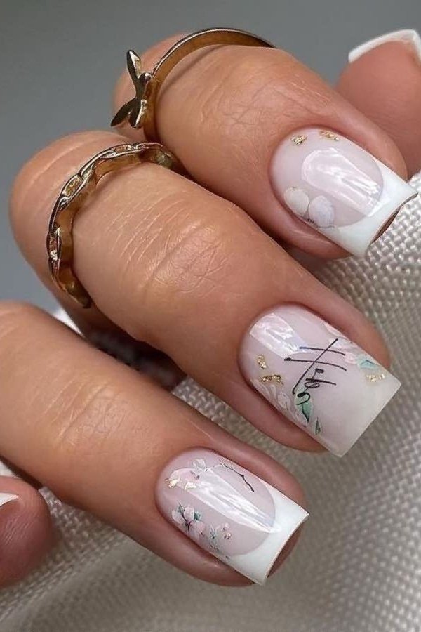 Elegant white marble accent nail among milky French tips for women over 40