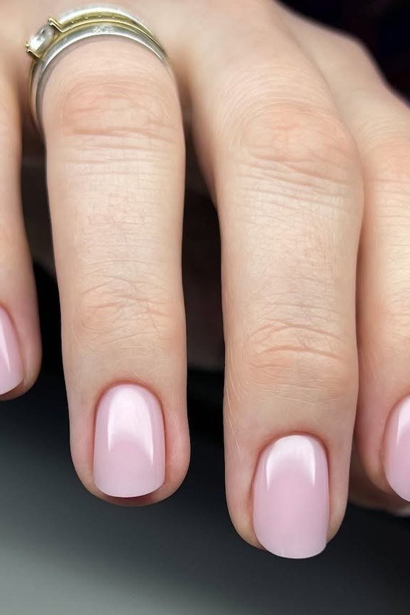 Elegant baby pink glossy square nails, simple and fresh for women over 40