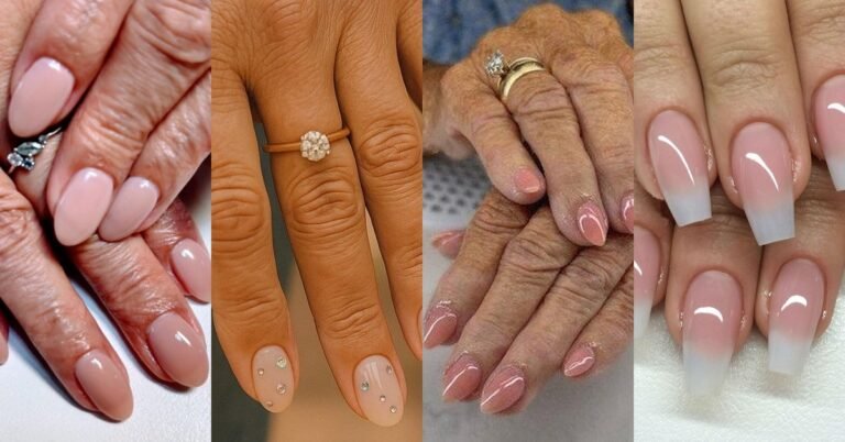 Collage of elegant nail designs for women over 40: French tips, soft pinks and nude manicures