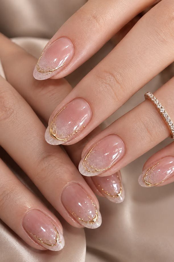 Gold Micro-Line Art on Sheer Nude for women over 60 - simple nail tip 12