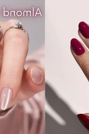 Oval vs almond nail shape comparison graphic, burgundy oval and white almond nails labeled