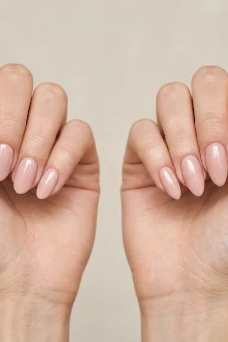 Short oval nails with sheer nude polish on two hands