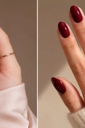 Burgundy oval nails compared with nude almond nails, rings and sweater cuff