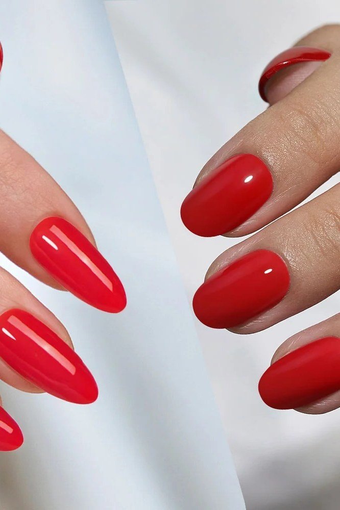 Bright red almond nails, medium length