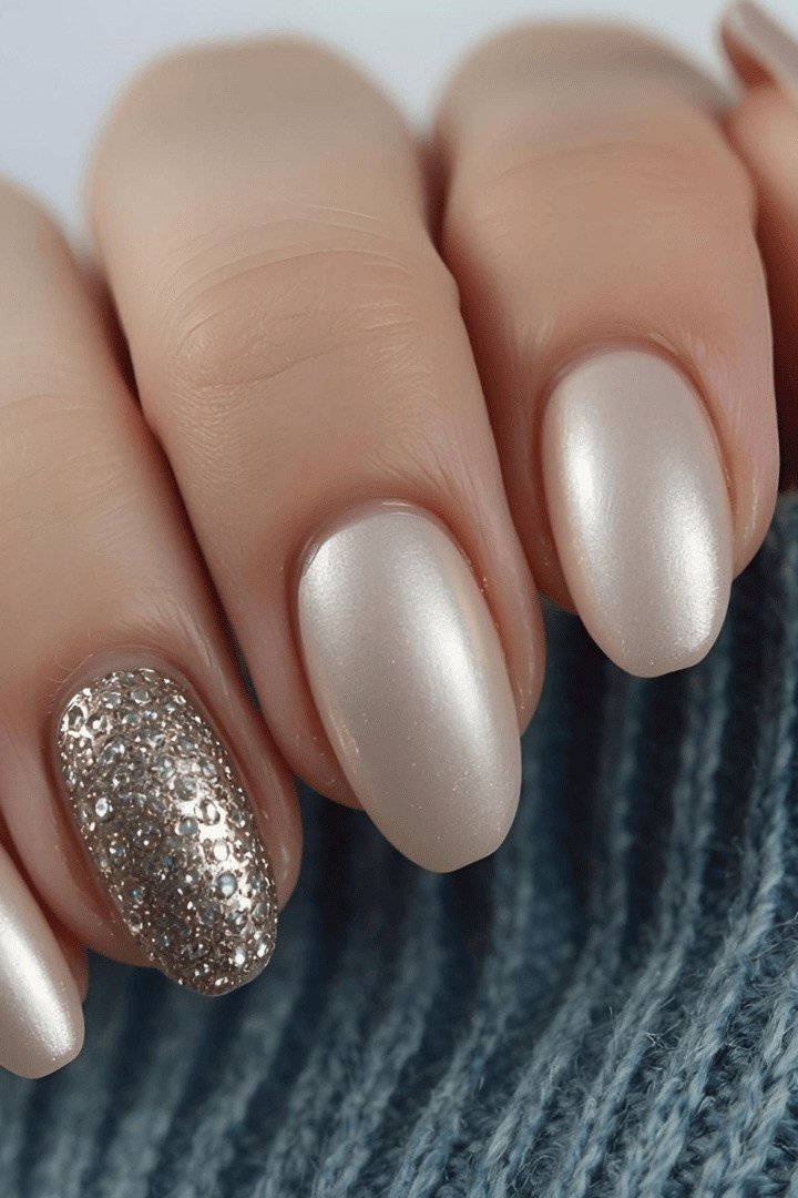 Pearly white almond nails with gold glitter accent nail, sweater cuff