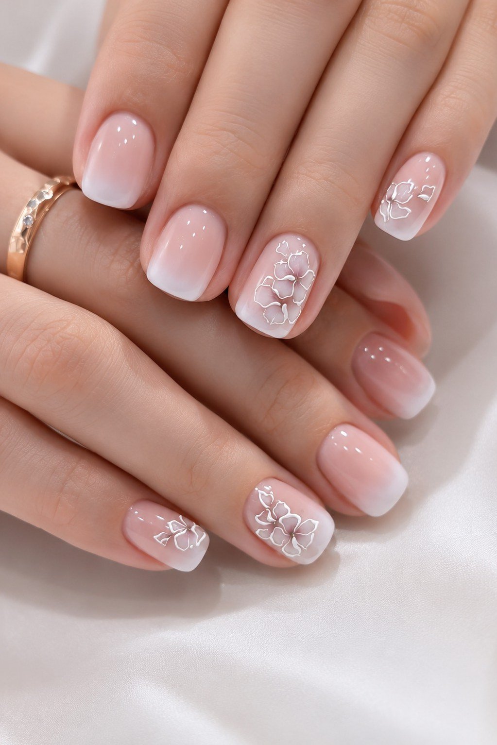 Pink almond nails with white floral art on two nails, gold ring