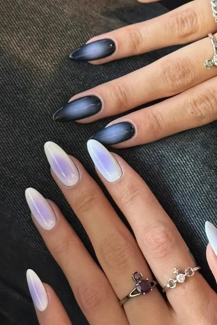 Navy to white ombre almond nails with rings