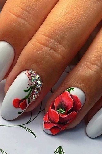 White almond nails with red poppy flower art
