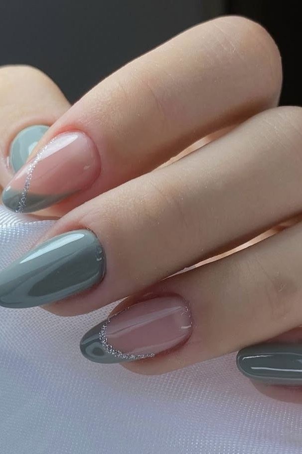 Sage green almond nails with art