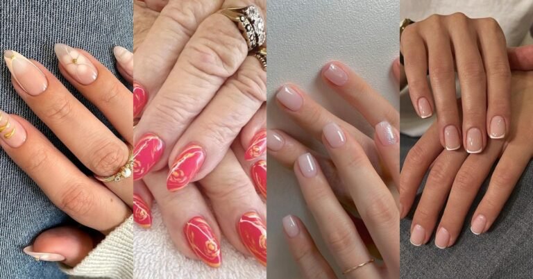 Collage of best nail shapes for women over 50: nude almond, coral swirl almond, pale pink squoval, french almond nails