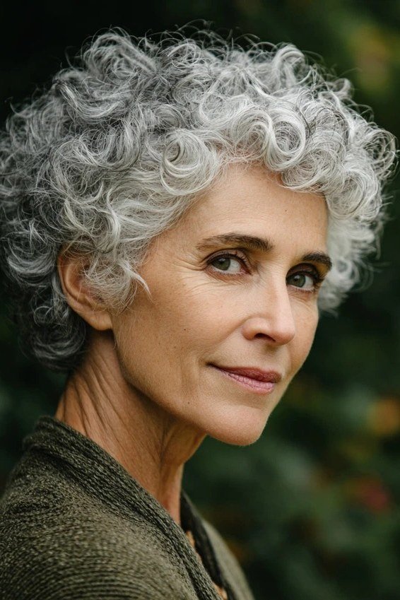 white curly pixie haircut for women over 60 with glasses