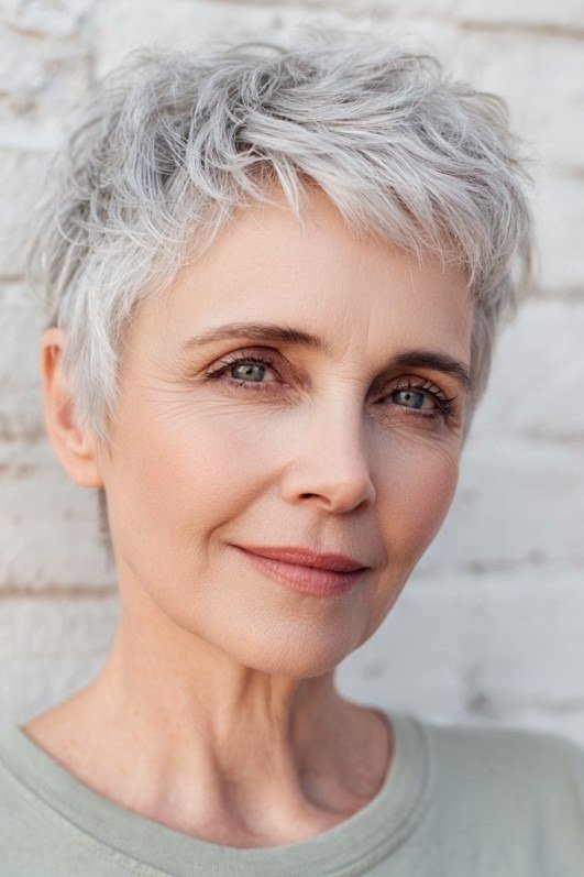 neat tapered white curly pixie for older women